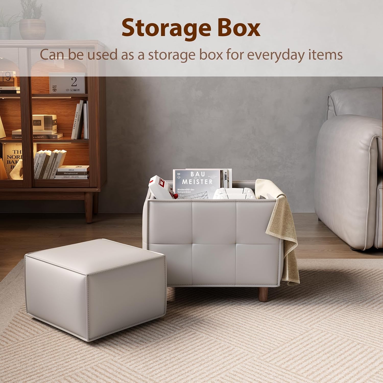 Square Ottoman with Storage Set of 2, Leather Coffee Table Ottoman, Multifunctional Foot Rest Stool with Storage for Living Room & Bedroom