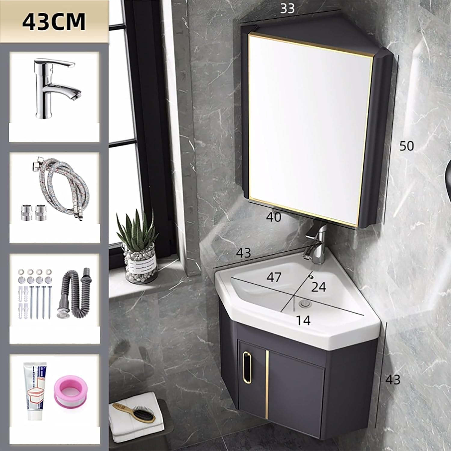 Corner Ceramic Sink Bathroom Vanity Cabinet Corner Wall Mount Bathroom Sink Wall Mounted Bathroom Sink Bathroom Sink with Storage Container Cabinet with Mirror(Gray,16.5in/42cm)