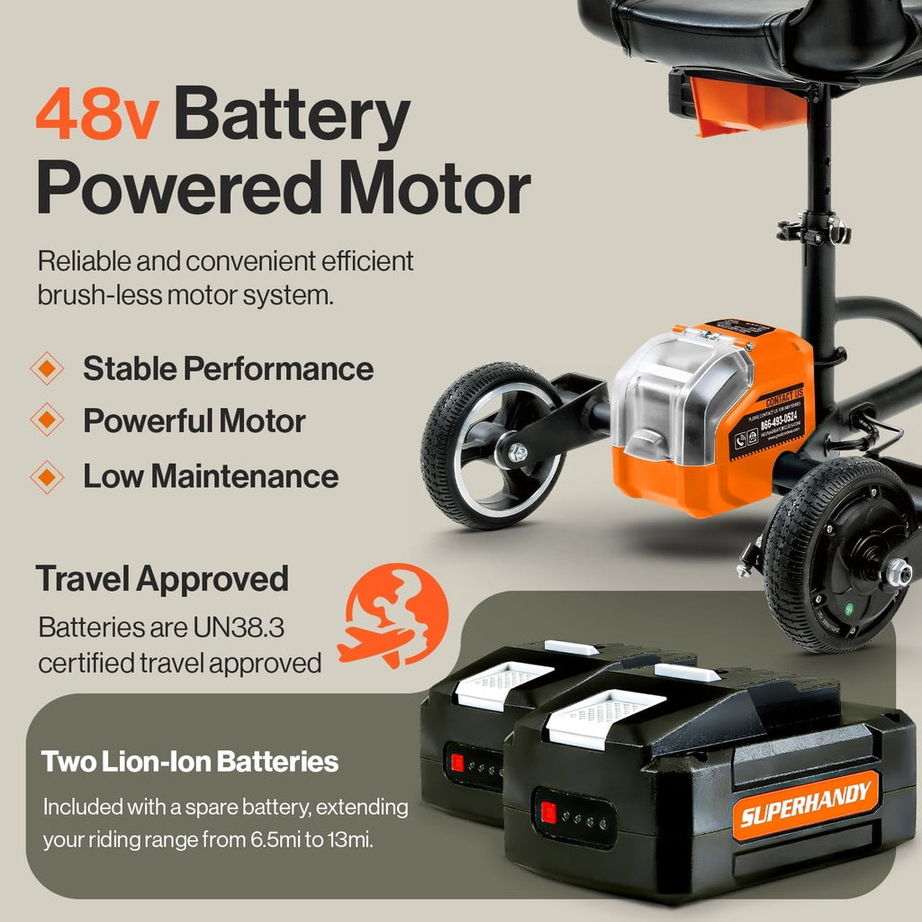 SuperHandy Passport Mobility Scooter for Adults- Foldable, 3 Wheel, Airline Travel Friendly - 13 Mile Range, Includes 2 Removable 44.4V Lithium-ion Batteries & Charger (275 Lbs)