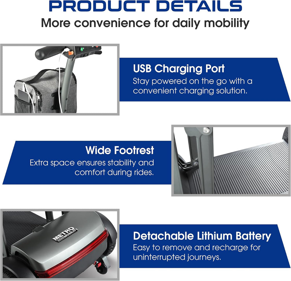 Metro Mobility Powered Mobility Scooters, 4 Wheel Foldable Mobility Scooter for Adults-265 lbs Capacity Folding Mobility Scooter, 20 Miles Long Travel Range Scooter with USB Charger Port Black