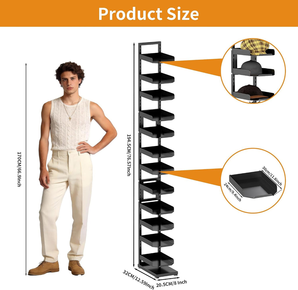 tonchean 12 Tier Floor Standing Hat Rack, 76 Inch Adjustable Hat Display Stand Holds 120+ Hats, Heavy Duty Metal Cap Organizer & Hat Holder for Home, Retail Store, Closet