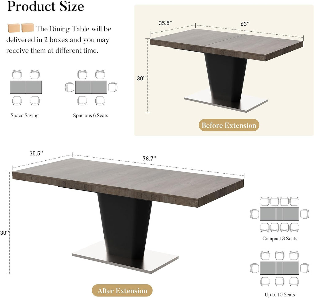 COSIEST 63'' to 78.7'' Extendable Dining Table for 4 6 8, Expandable Kitchen Table with Sturdy Metal Base, Rectangle Mid-Century Modern Dining Table for Dining Room, Kitchen, Home, Grey