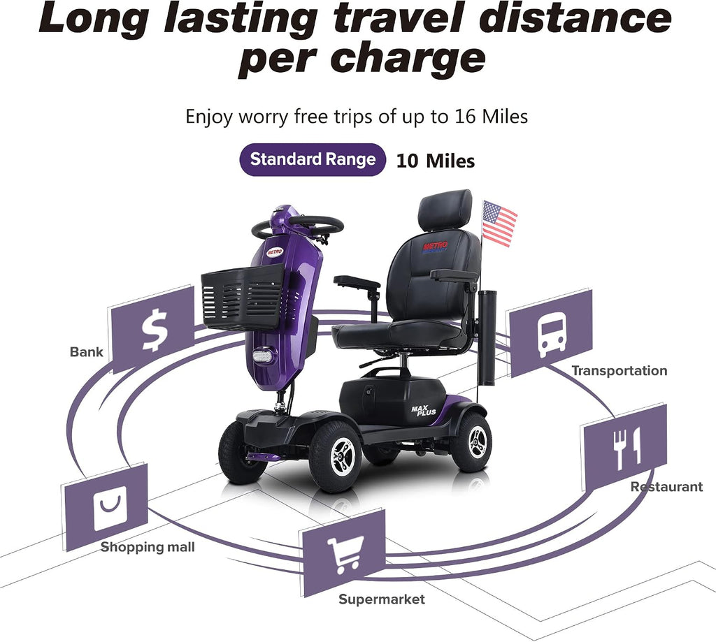 Metro Mobility - 2026 New 4 Wheel Outdoor Mobility Scooter - Adult Mobility Scooter 300 lbs Foldable - Battery - 12V20AH*2pcs, Max Range 16 Miles (Purple)