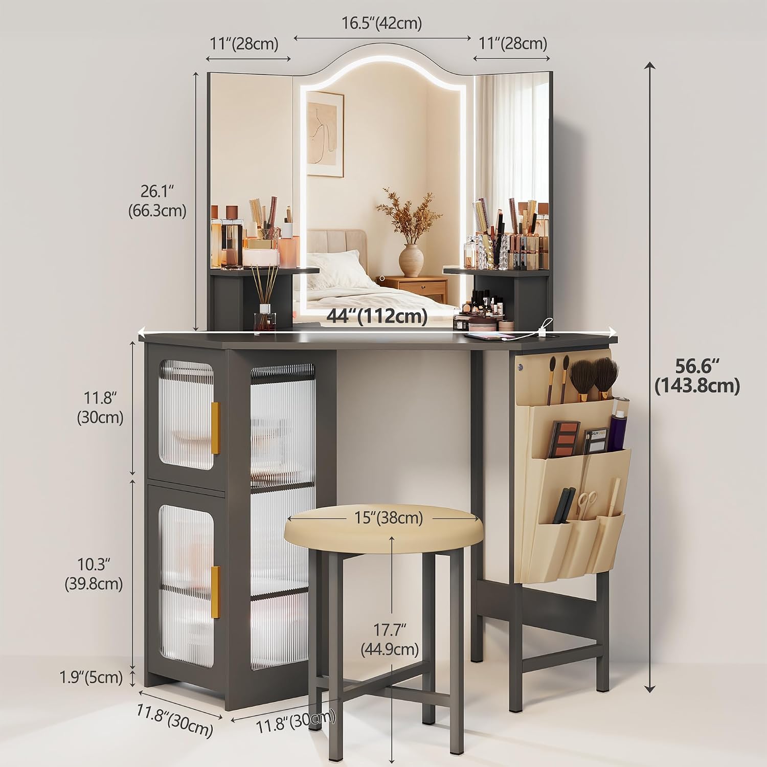 LVSOMT Corner Makeup Vanity Desk with Mirror and Lights, Dressing Table with Charging Station, Makeup Table with Stool, Storage Cabinet and Adjustable Shelf, Bedroom Vanity for Girls Women, Grey