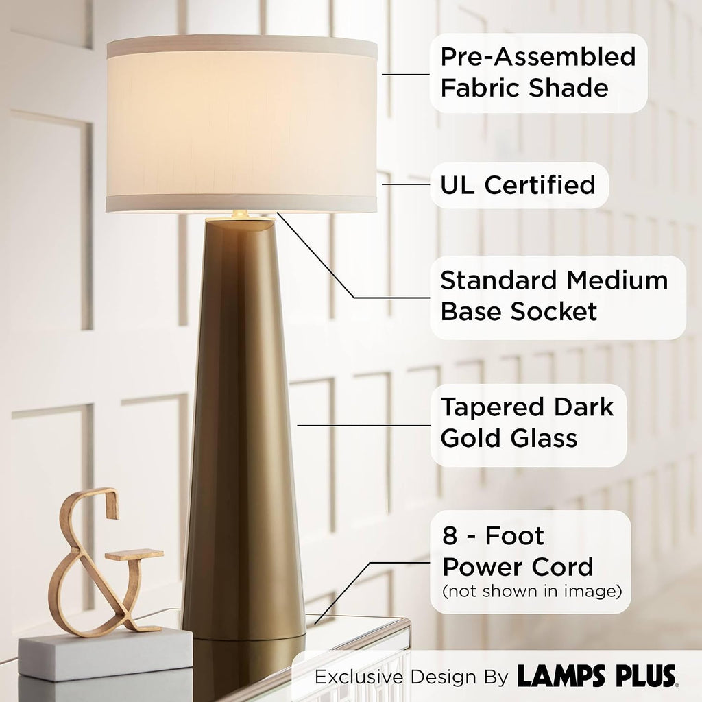 Possini Euro Design Karen Modern Table Lamp 36' Tall Dark Gold Tapered Glass Column Off White Fabric Drum Shade Decor for Living Room Bedroom House Bedside Nightstand Home Office Entryway Family