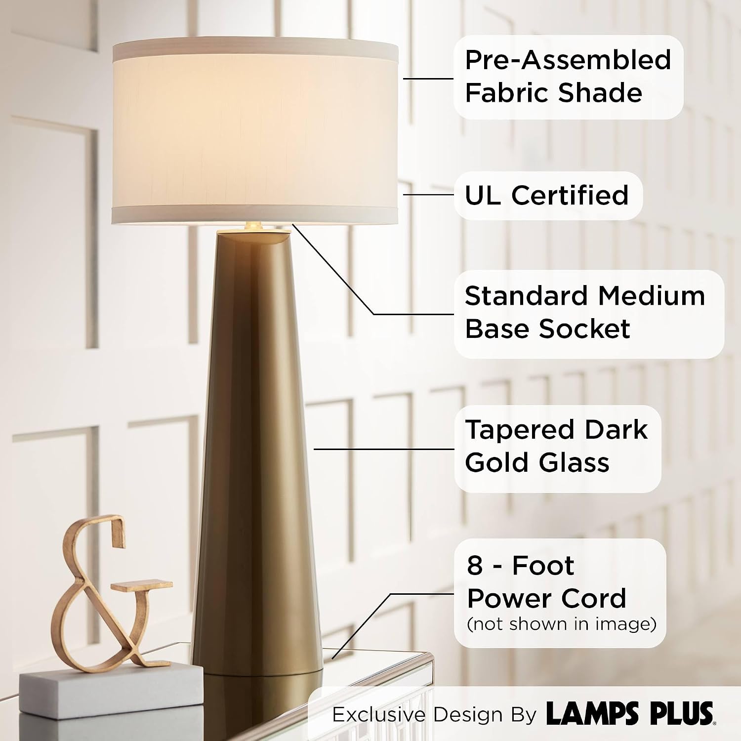 Possini Euro Design Karen Modern Table Lamp 36' Tall Dark Gold Tapered Glass Column Off White Fabric Drum Shade Decor for Living Room Bedroom House Bedside Nightstand Home Office Entryway Family