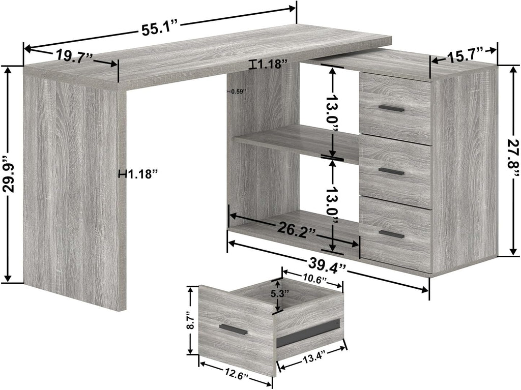 HSH L Shape Desk with Drawers, L-Shaped Desk with Storage Cabinet Shelves, Home Office Corner Computer Desk for Executive Writing, Modern Wood Study PC Table in Bedroom Living Room, Grey Oak, 55 Inch