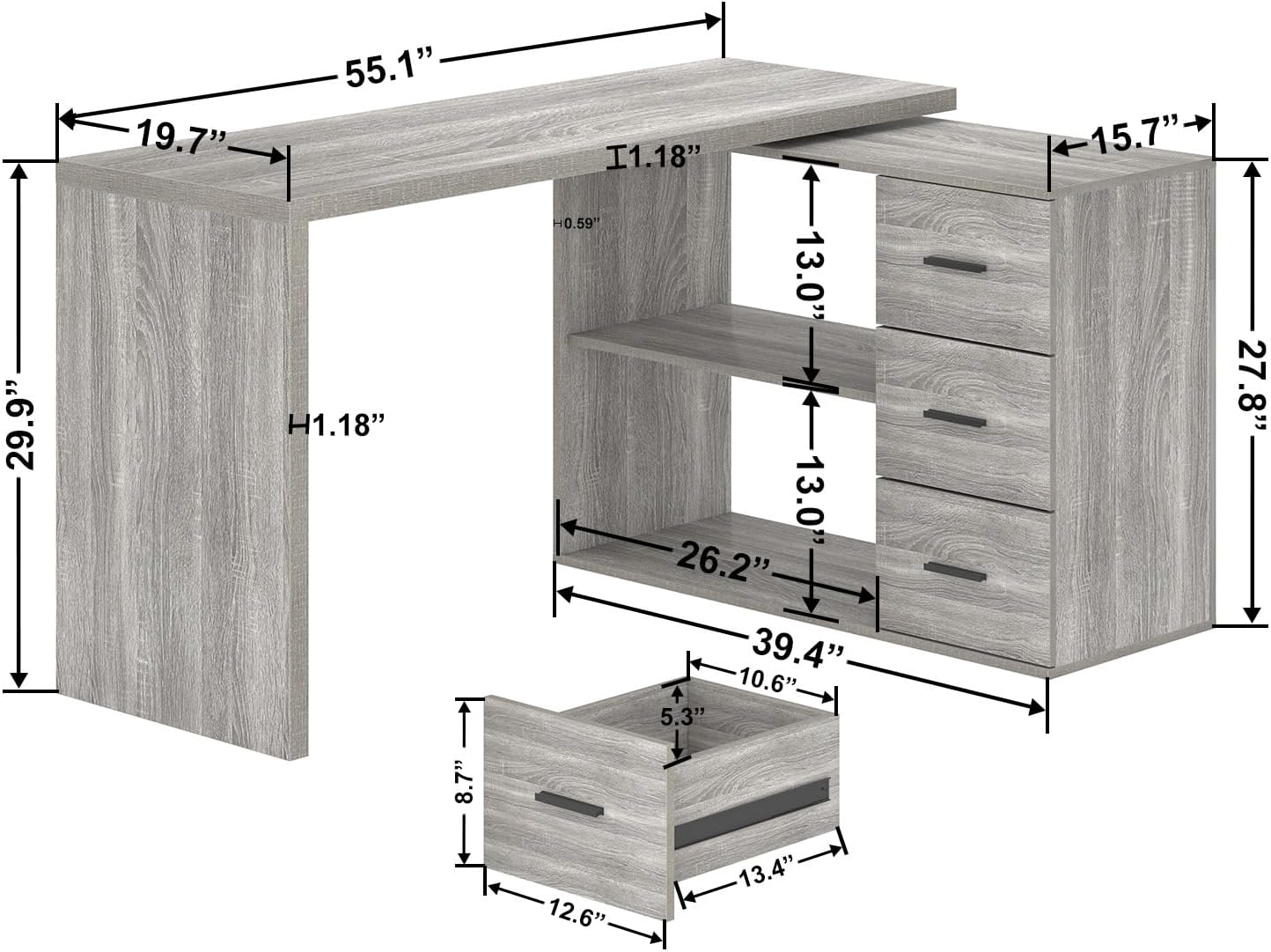 HSH L Shape Desk with Drawers, L-Shaped Desk with Storage Cabinet Shelves, Home Office Corner Computer Desk for Executive Writing, Modern Wood Study PC Table in Bedroom Living Room, Grey Oak, 55 Inch