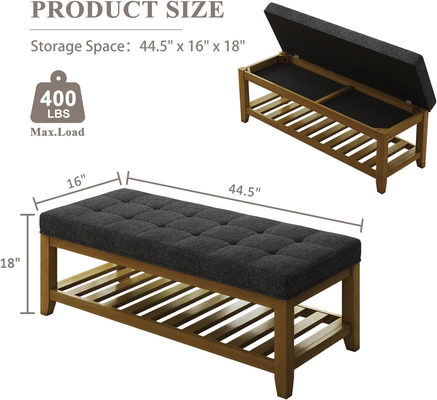 Befurtori Large Rectangular Upholstered Ottoman Bench, Linen Tufted Footrest Ottoman with Solid Wood Shelf Storage Coffee Table for Bedroom Living Room, Dark Gary