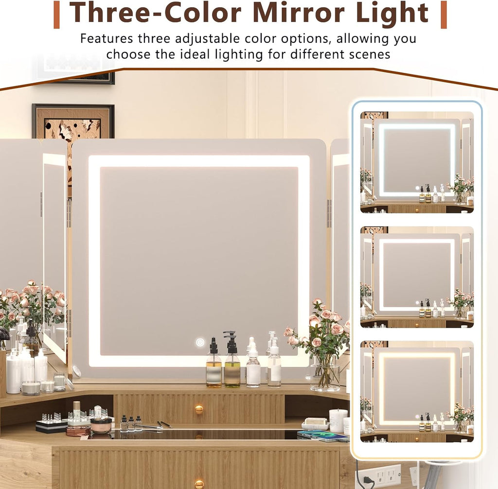 Corner Vanity Desk with 3-Way Mirror and Lights, Makeup Vanity Table with Large Drawer & Cabinets, Wooden Dresser for Bedroom with Glass Top, Power Outlet, Hair Dryer Holder & Stool (Wood)