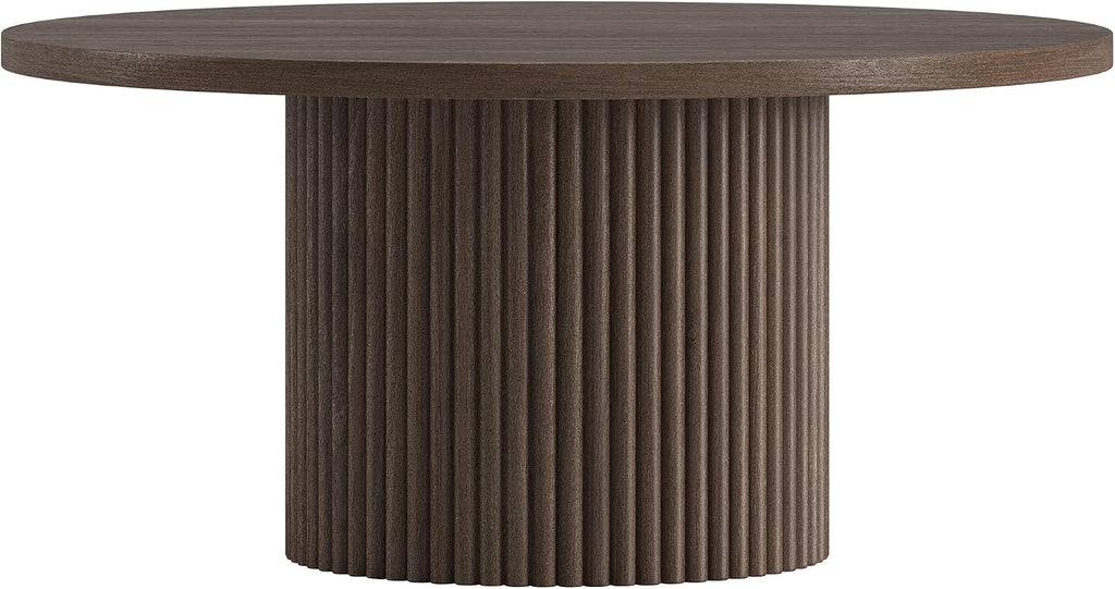 Henn&Hart 32' Fluted Round Pedestal Low-Profile Coffee Table for Living Room, Family Room, Office, or Apartment, Heritage Oak