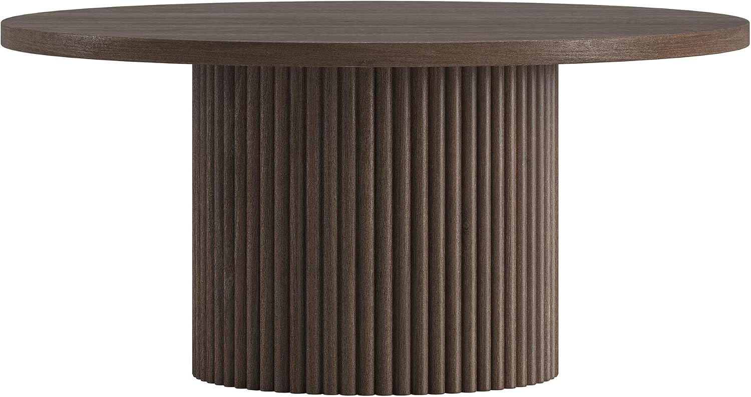 Henn&Hart 32' Fluted Round Pedestal Low-Profile Coffee Table for Living Room, Family Room, Office, or Apartment, Heritage Oak