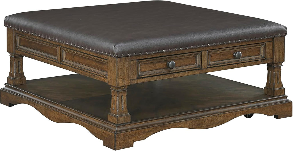 Lexicon 39 Inch Wood Coffee Table with 4 Drawers, Lower Open Shelf, Casters, Square Ottoman Coffee Table, Faux Leather Cocktail Ottoman, Nailhead Trim, Footrest for Living Room, Easy Assembly, Brown