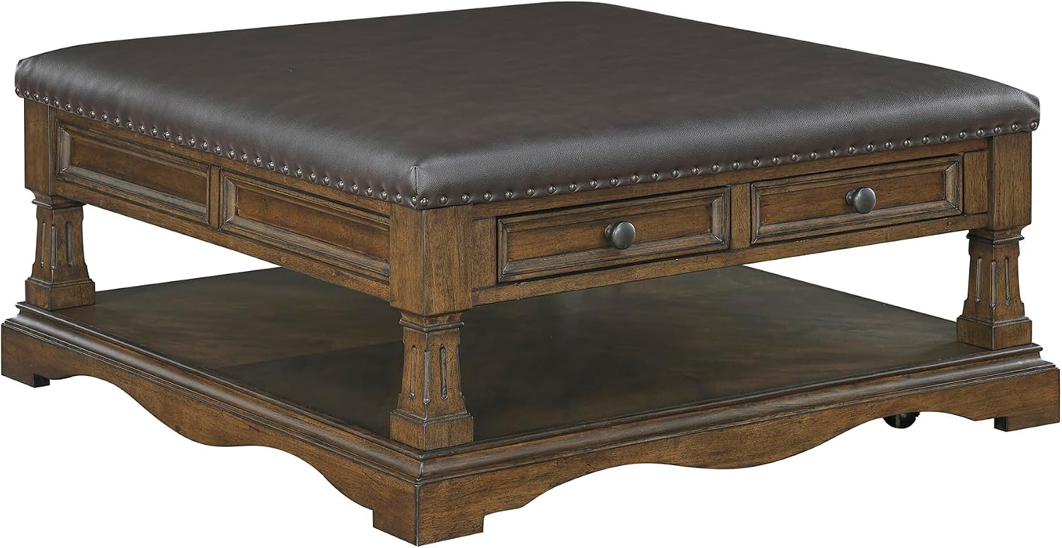 Lexicon 39 Inch Wood Coffee Table with 4 Drawers, Lower Open Shelf, Casters, Square Ottoman Coffee Table, Faux Leather Cocktail Ottoman, Nailhead Trim, Footrest for Living Room, Easy Assembly, Brown