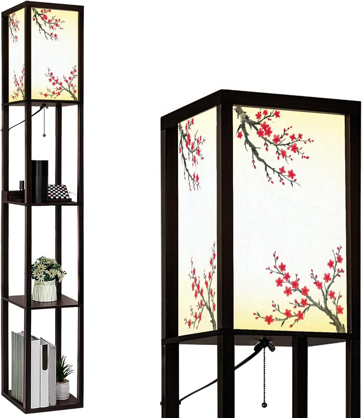 Floor Lamp with Shelves Oriental Cherry Tree Blossom n Rice Paper Standing Tall Lamp USB Ports & Power Outlet Modern Corner Lamp Nightstand Light for Living Room Bedroom