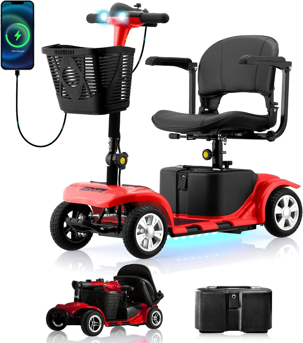 Mobility Scooters for Senior Adults, 15 Mile Electric Mobility Scooter with Detachable Battery, 4 Wheels Foldable Mobility Scooter with LED Headlights and USB Charging Port, 300 lbs Capacity (Red)