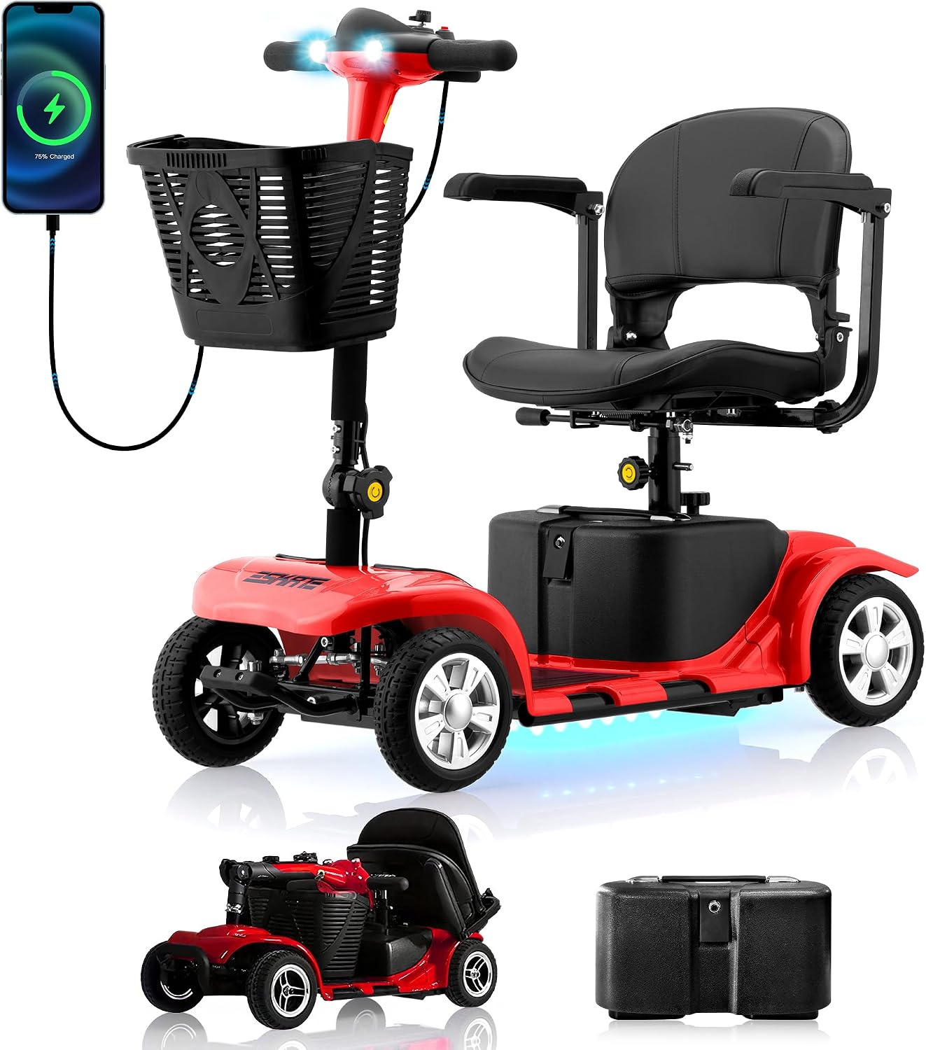 Mobility Scooters for Senior Adults, 15 Mile Electric Mobility Scooter with Detachable Battery, 4 Wheels Foldable Mobility Scooter with LED Headlights and USB Charging Port, 300 lbs Capacity (Red)
