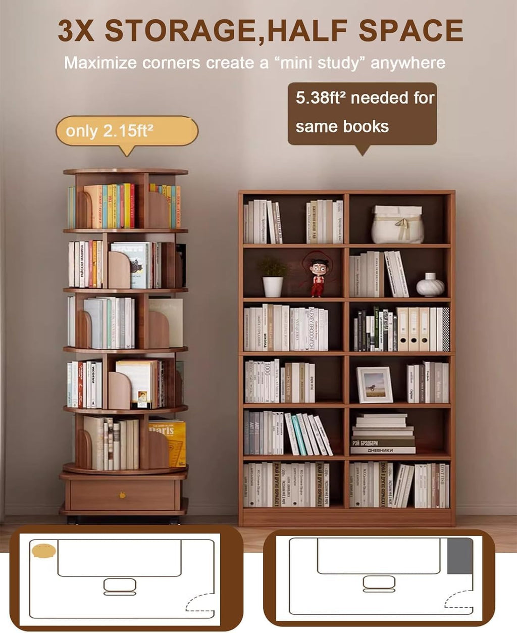 5 Tier Rotating Bookshelf with Cabinet On Wheel, 360° Display Spinning Corner Book Shelf Tower, Narrow Tall Bookshelves, Small Revolving Bookcase, Wooden Book Shelf Standing Storage Rack