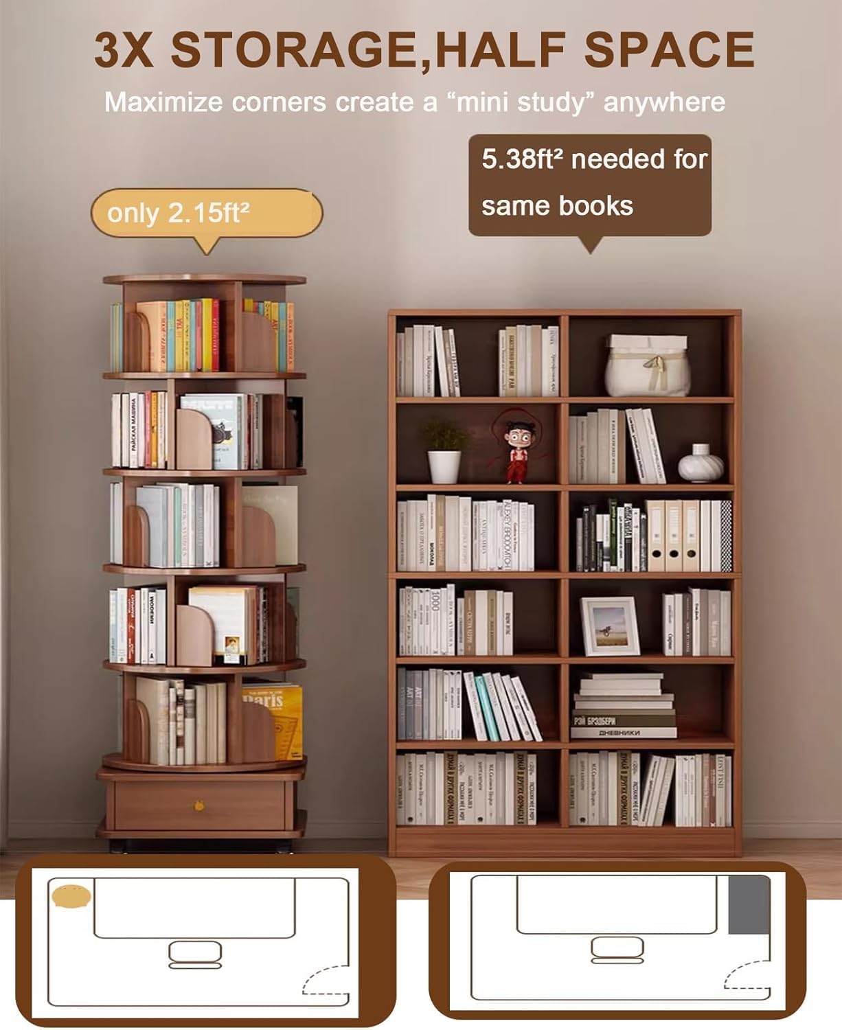 5 Tier Rotating Bookshelf with Cabinet On Wheel, 360° Display Spinning Corner Book Shelf Tower, Narrow Tall Bookshelves, Small Revolving Bookcase, Wooden Book Shelf Standing Storage Rack