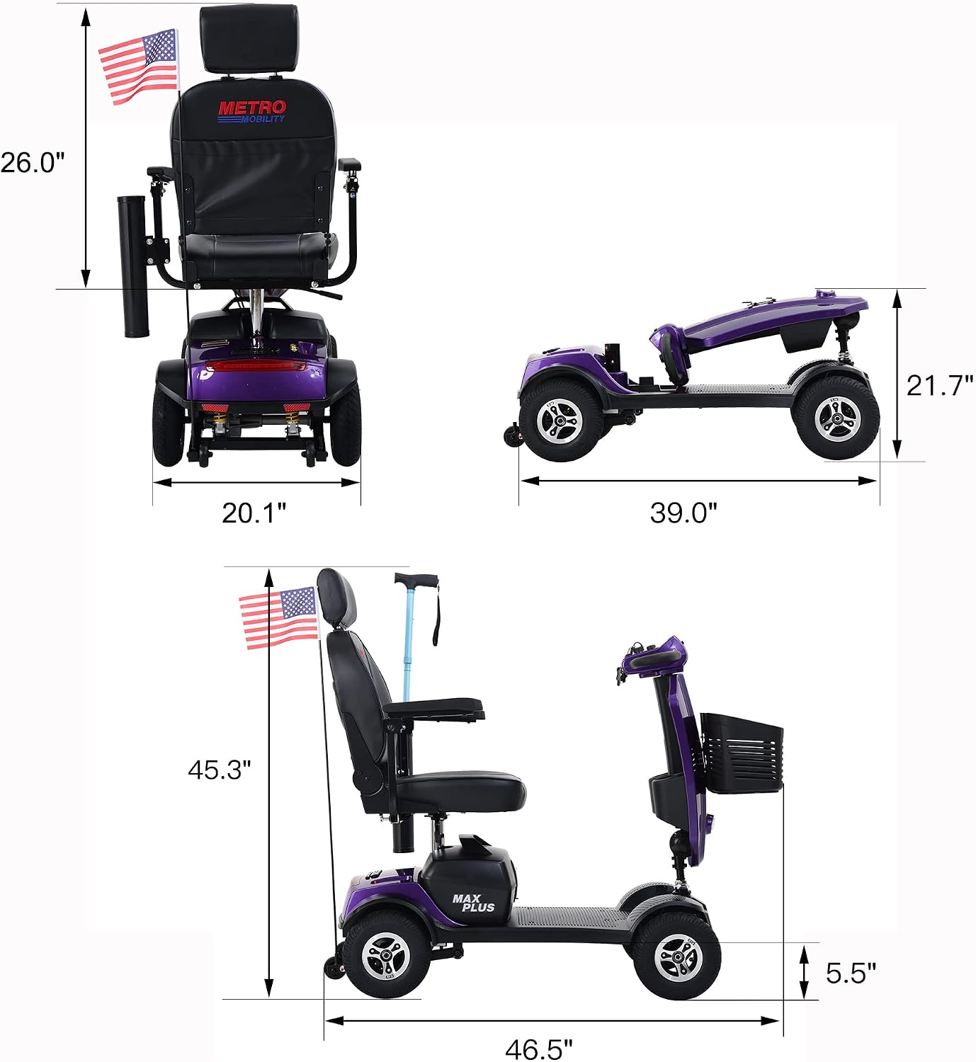 Metro Mobility - New 4 Wheel Outdoor Mobility Scooter - Adult Scooter 300lbs Foldable - Battery - 20V20AH*2pcs, Max Range 16 Miles (Purple)