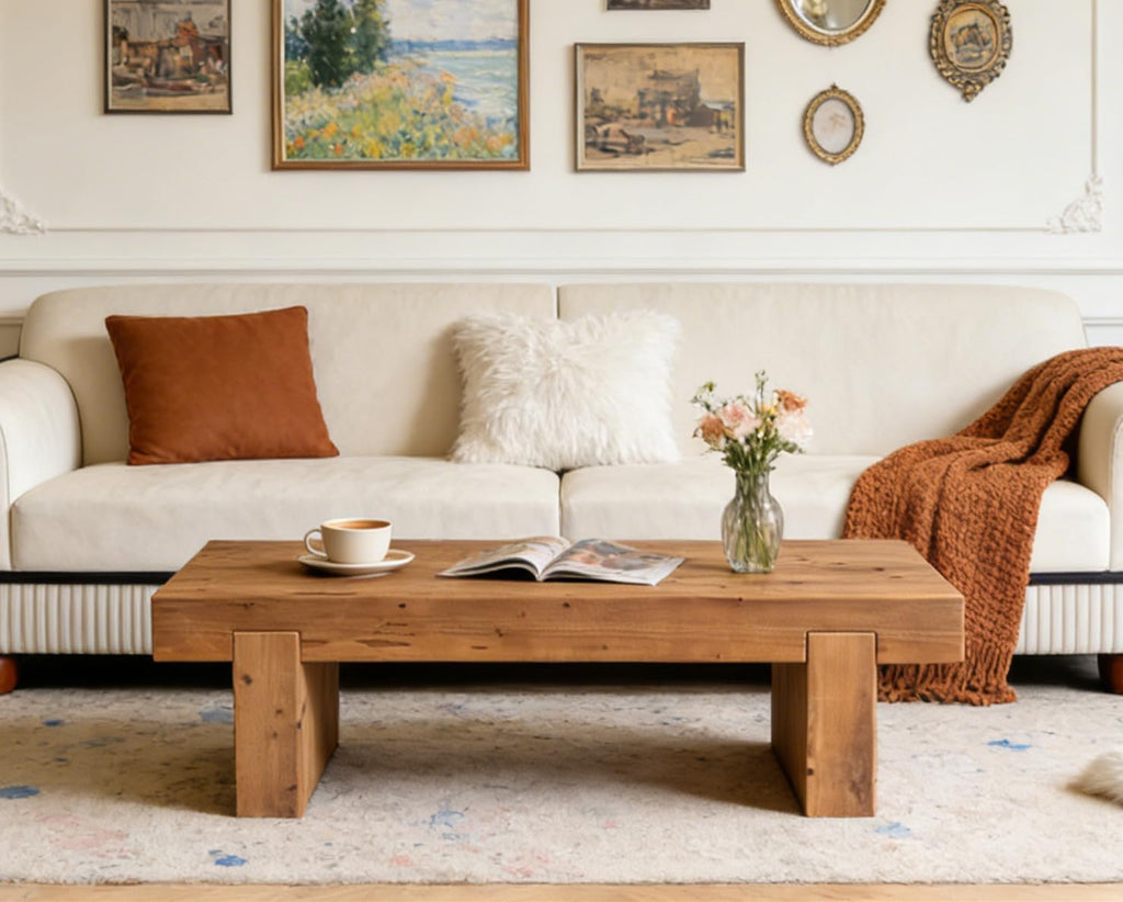 SSLine Solid Wood Coffee Table 47.6-Inch Rectangular Coffee Table for Living Room,Farmhouse Rustic Center Tables with Thicken Top and Sturdy Legs,Walnut
