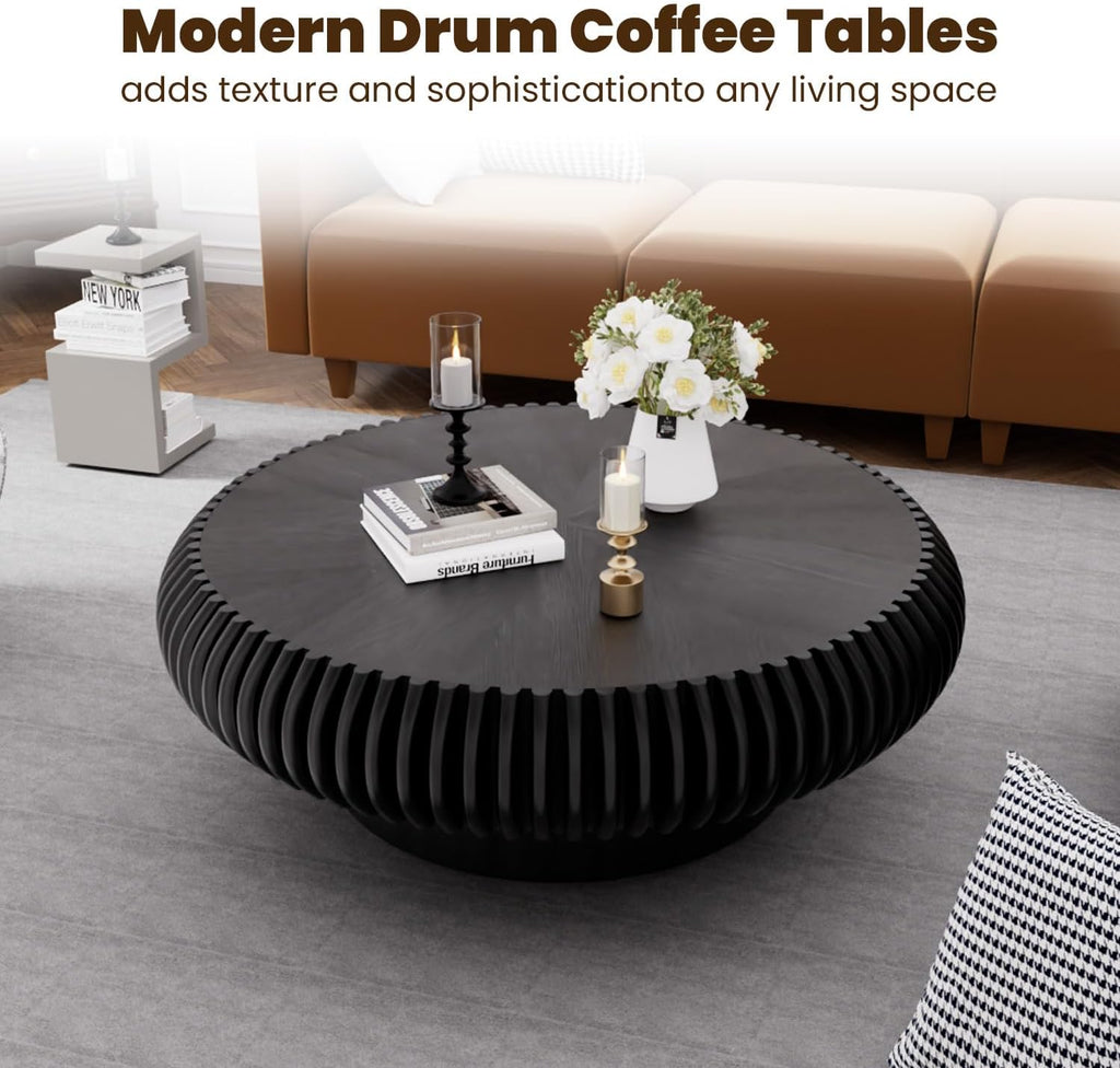 39.3' Drum Coffee Table Modern Unique Fluted Tea Table Contemporary Wood Round Coffee Table with Fluted Centry Table for Living Room Walnut (39.3' Black)