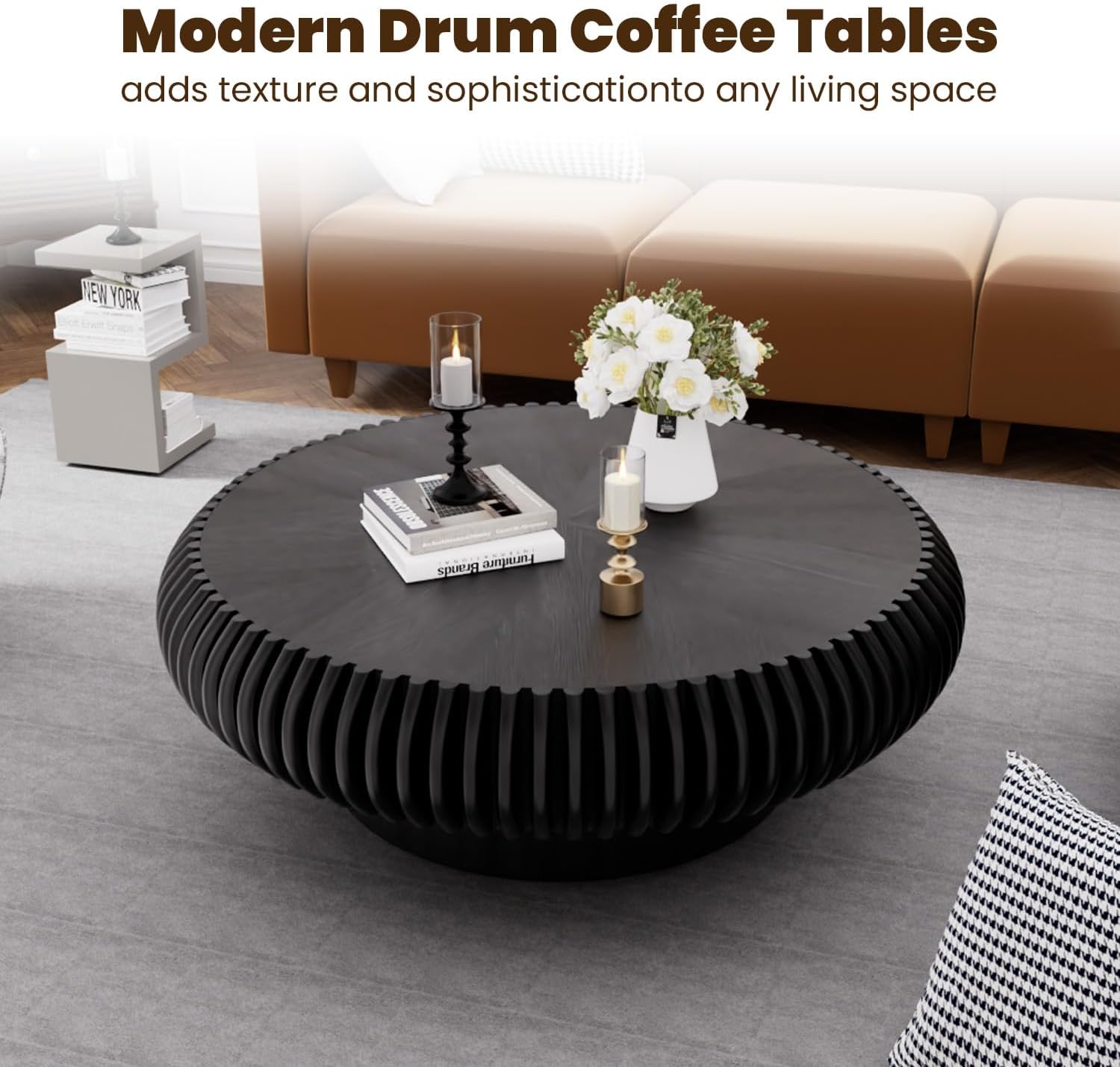 39.3' Drum Coffee Table Modern Unique Fluted Tea Table Contemporary Wood Round Coffee Table with Fluted Centry Table for Living Room Walnut (39.3' Black)
