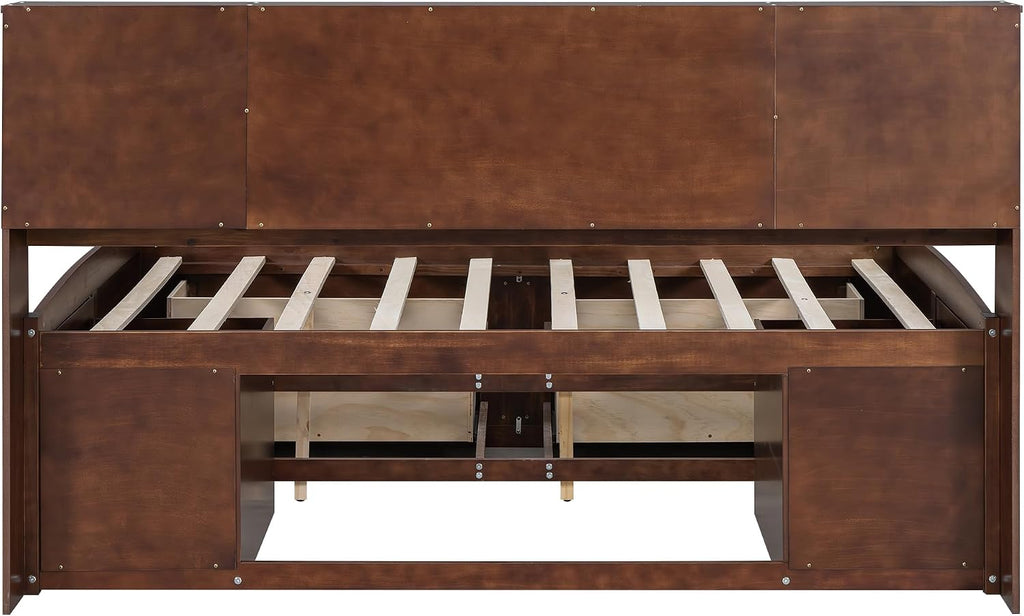 Hanuq Full Size Wooden Captain Bed with Bookcase Headboard | ﻿ Platform Bed with 4 Under-Bed Storage Drawers and Built-in Shelves, No Box Spring Needed, 550 Lbs Weight Capacity