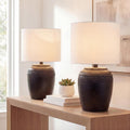 JONATHAN Y 16.75' Black/Nickel Ceramic Table Lamp Set of 2, Rustic Traditional Reeded Vase Lamps with White Linen Shade for Bedroom Living Room Decor JYL5707A-SET2