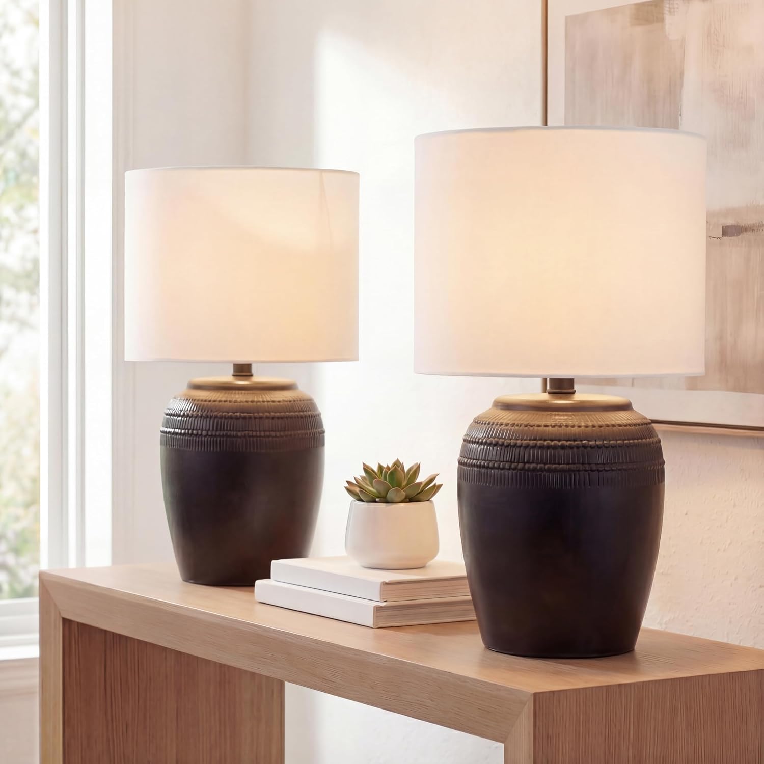 JONATHAN Y 16.75' Black/Nickel Ceramic Table Lamp Set of 2, Rustic Traditional Reeded Vase Lamps with White Linen Shade for Bedroom Living Room Decor JYL5707A-SET2