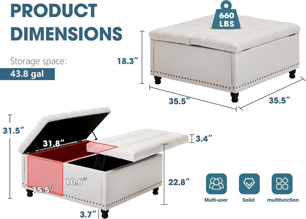 Grepatio Square Tufted Ottoman with Storage - 35.5' Large Lift-Top Storage Ottomans Upholstered Coffee Table for Living Room Bedroom (White)