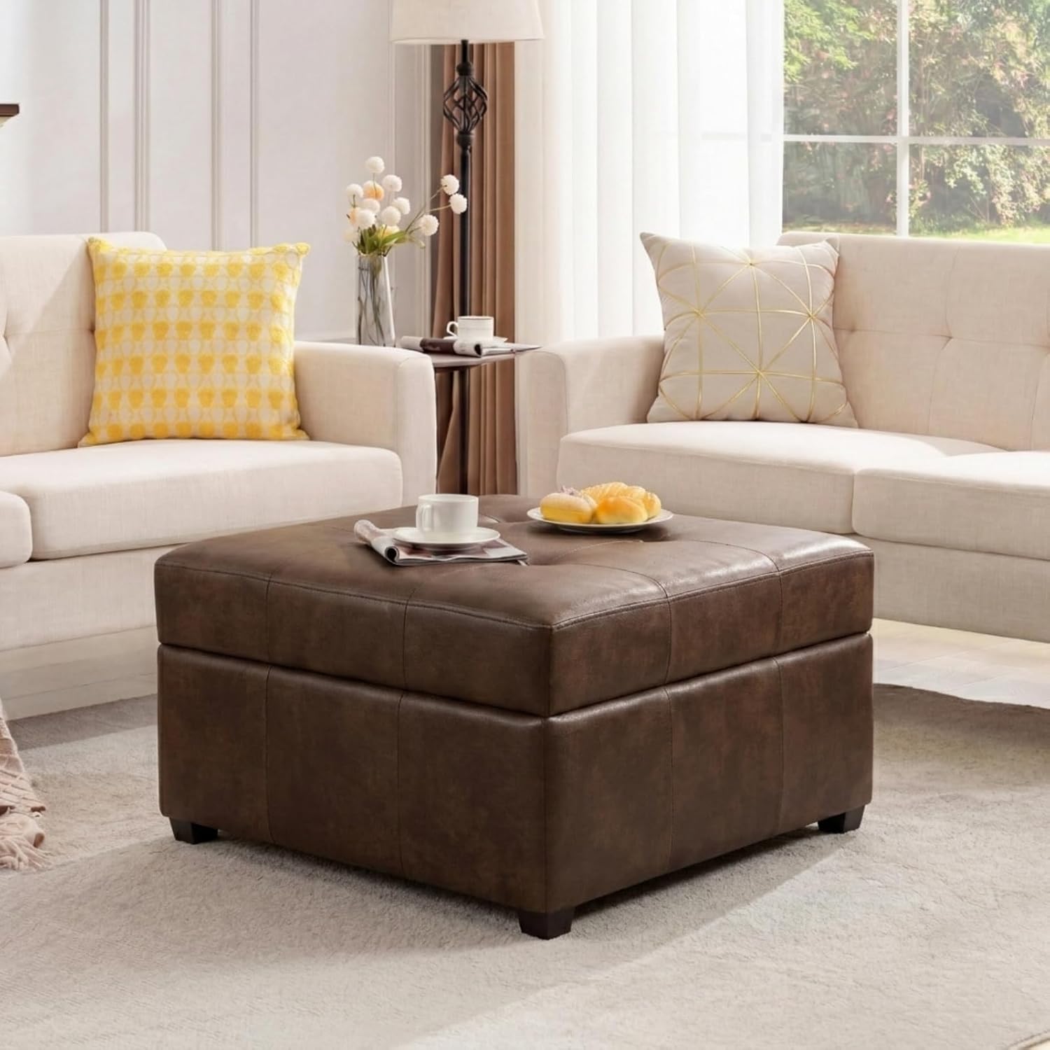 Homebeez 28.3' Storage Ottoman Bench with Faux Leather Upholstery, Button Tufted Lid, Wood Legs - Footrest, Coffee Table, Footstool for Living Room, Mottled Brown