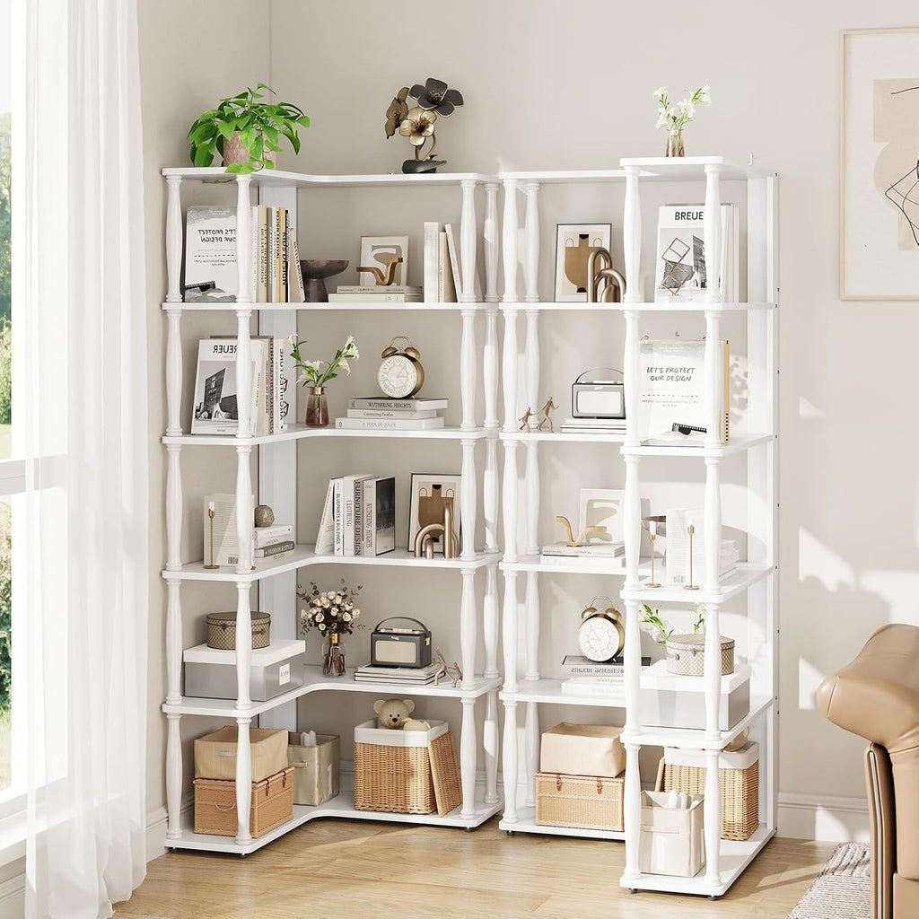 6 Tier Corner Bookshelf, L Shaped Bookcase with Solid Wood Posts,Vintage American Display Shelf for Home Office, Living Room, Bedroom, Kitchen