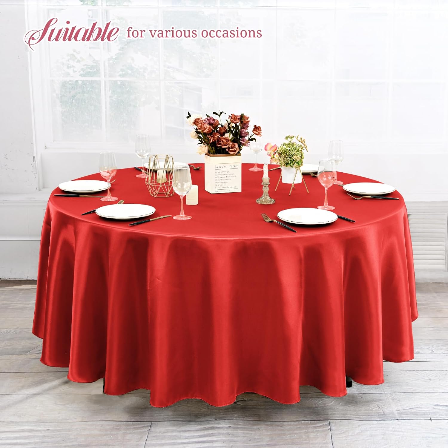 12 Pack 120 Inch Round Tablecloth, Red Satin Fabric Table Cloth for Round Tables, Wrinkle Resistant Washable TableCover Bright Silk Table Clothes for Wedding Party Dining Tables Banquet