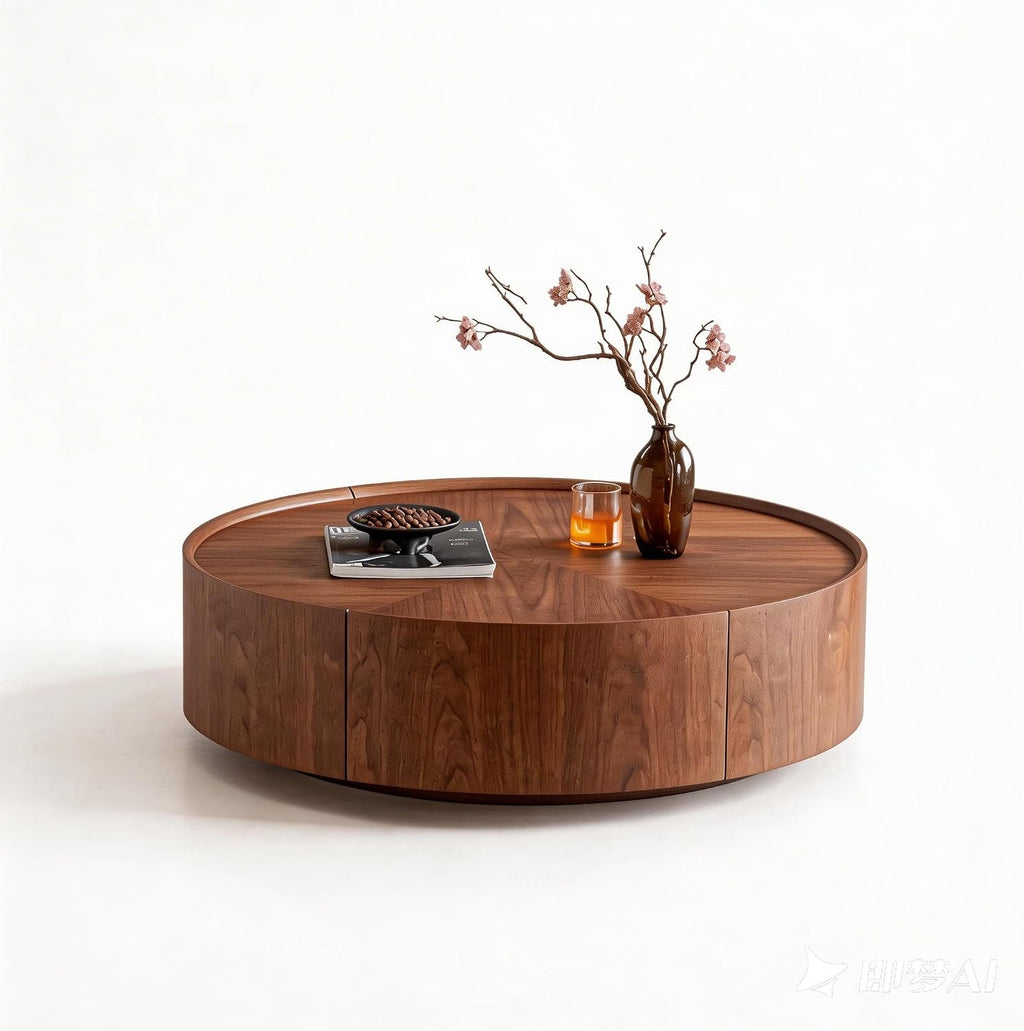 WILLIAMSPACE 35.43' Round Coffee Table with 2 Drawers Storage, Modern Circle Drum Center Table Tea Table for Living Room Apartment, No Need Assembly - Walnut