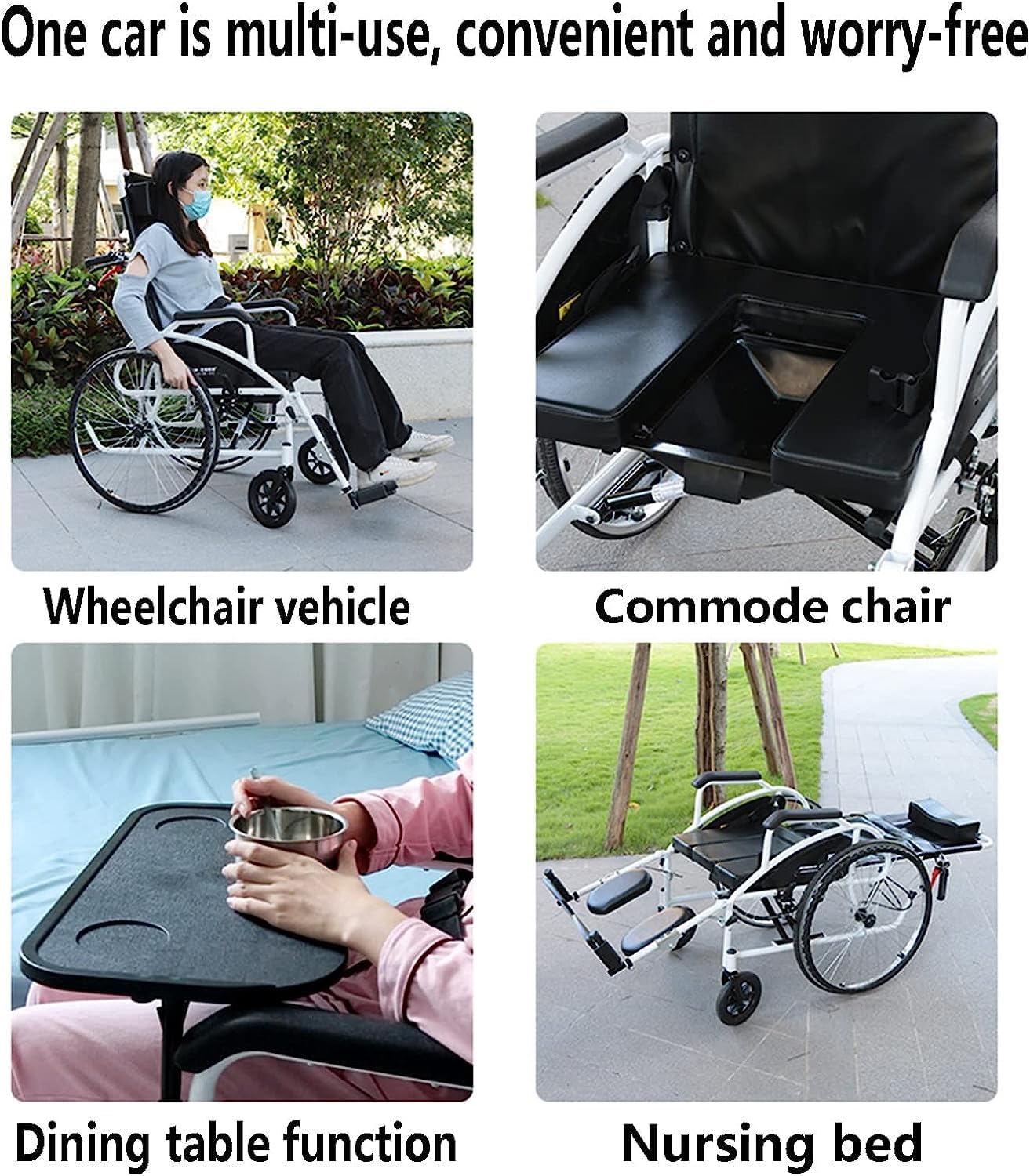 Full Lying Wheelchair Foldable Manual Wheelchair Commode W/Removable High Back & Dining Table Steel Reclining Transport Wheelchair W/Elevating Leg Rest for Elderly Driving Trolley