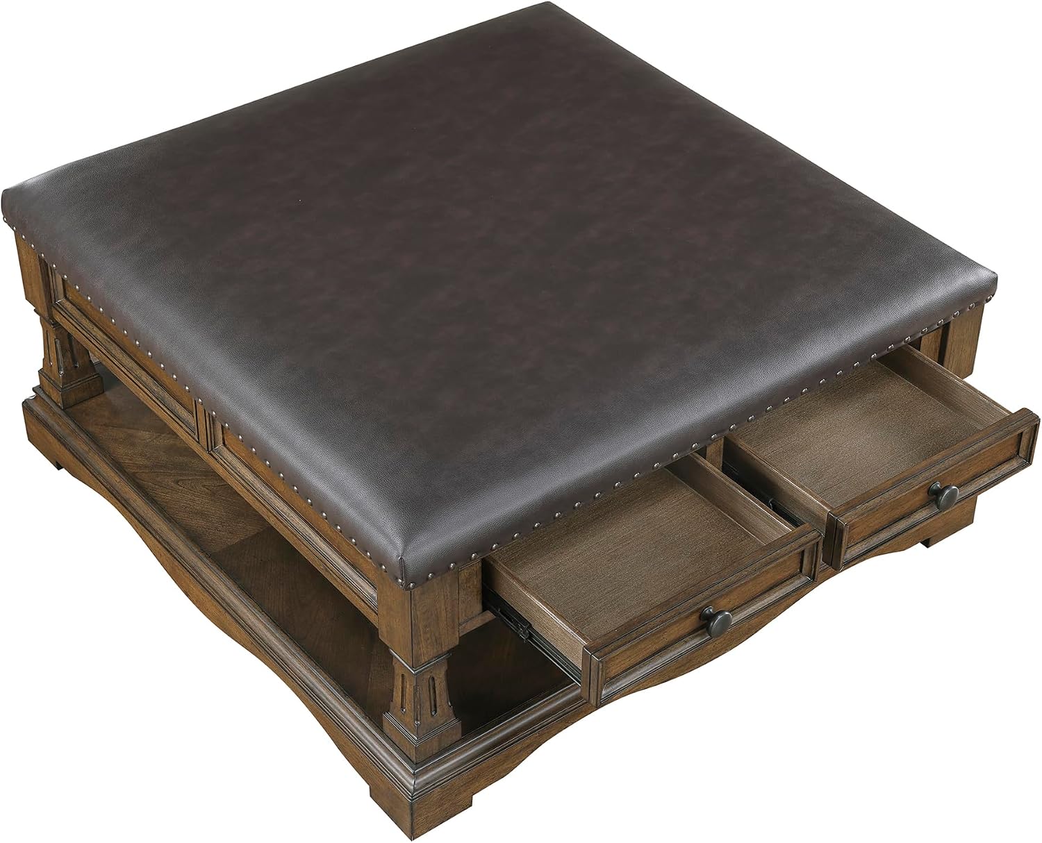 Lexicon 39 Inch Wood Coffee Table with 4 Drawers, Lower Open Shelf, Casters, Square Ottoman Coffee Table, Faux Leather Cocktail Ottoman, Nailhead Trim, Footrest for Living Room, Easy Assembly, Brown