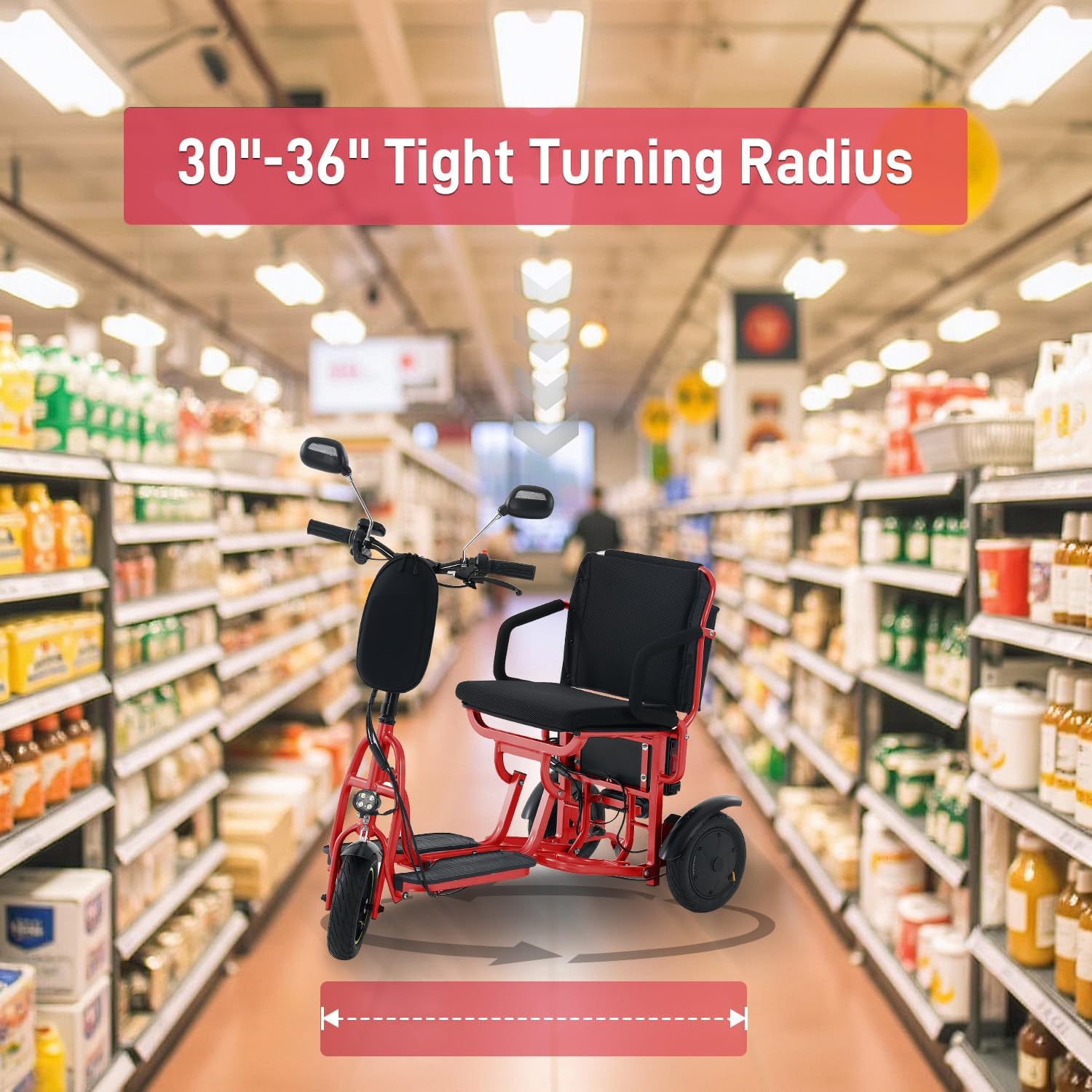 3-Wheel Folding Mobility Scooter Foldable Lightweight Electric Scooter for Adults & Seniors, Detachable Lithium Battery, Long Range 28 Miles, 3-Speed, with Rearview Mirror & Turn Signal (Red)