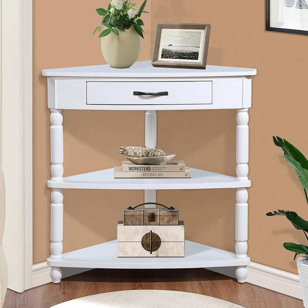 33.86' Corner Table, Wood 3 Tier Triangle Side Table Corner Shelf Stand with Solid Wood Legs 1 Drawer & 2 Storage Shelves for Living Room Small Space (Milk White)
