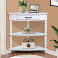 33.86' Corner Table, Wood 3 Tier Triangle Side Table Corner Shelf Stand with Solid Wood Legs 1 Drawer & 2 Storage Shelves for Living Room Small Space (Milk White)
