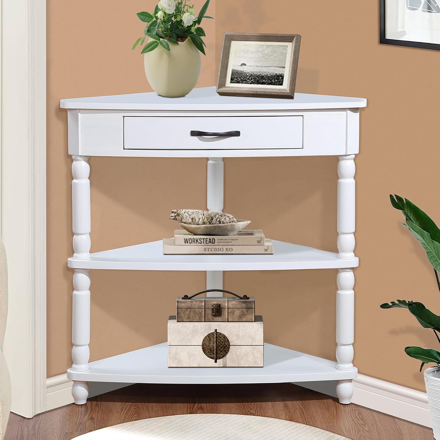 33.86' Corner Table, Wood 3 Tier Triangle Side Table Corner Shelf Stand with Solid Wood Legs 1 Drawer & 2 Storage Shelves for Living Room Small Space (Milk White)