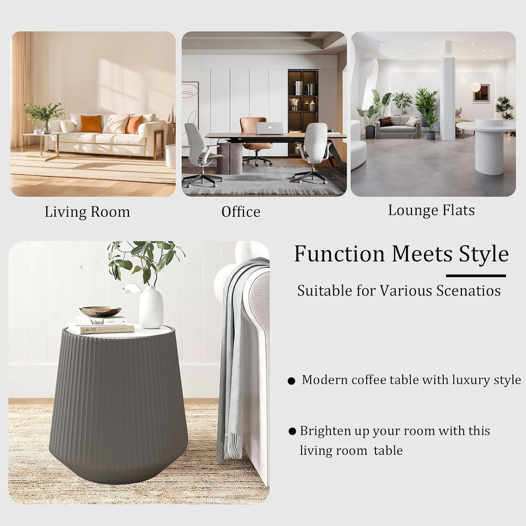 Round Coffee Table Set with Sintered Stone Tabletop, 26.77' White Drum Center Table and 19.68' Grey Coffee Table Set, 2 Pieces Living Room Table Set with Fluted PU Leather Cover& Stable Base