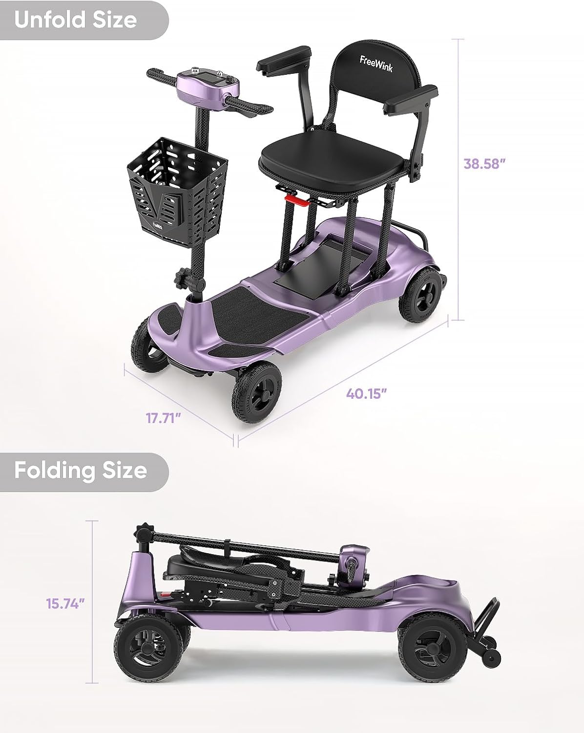 Mobility Scooters for Adults & Seniors - Ultra Lightweight 27.5 lbs Carbon Fiber Folding Electric Scooter - Airlines Approved All-Terrain Portable Scooter with Basket and Charger Included-Purple