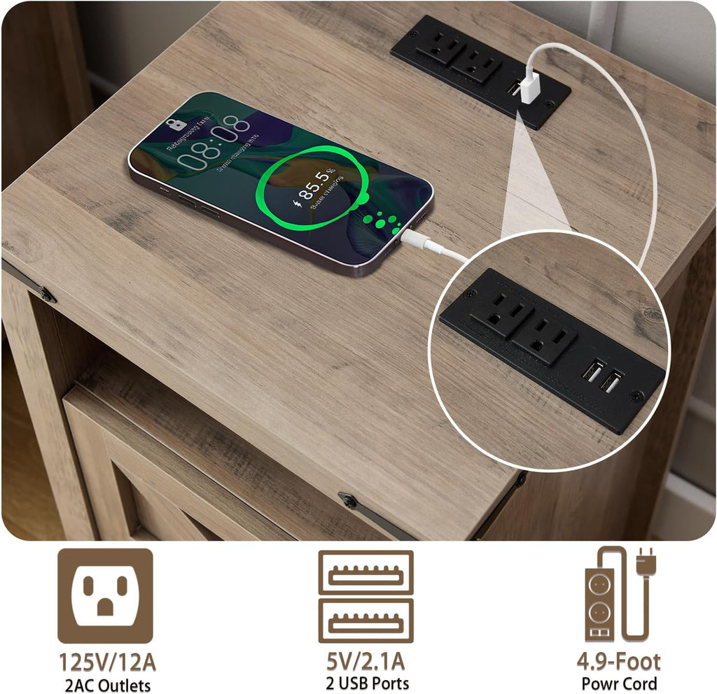Farmhouse Nightstand Set of 2 with Charging Station, Modern Bedside Table with Barn Door and Shelf, Sofa Side Table End Table for Bedroom, Living Room, Grey