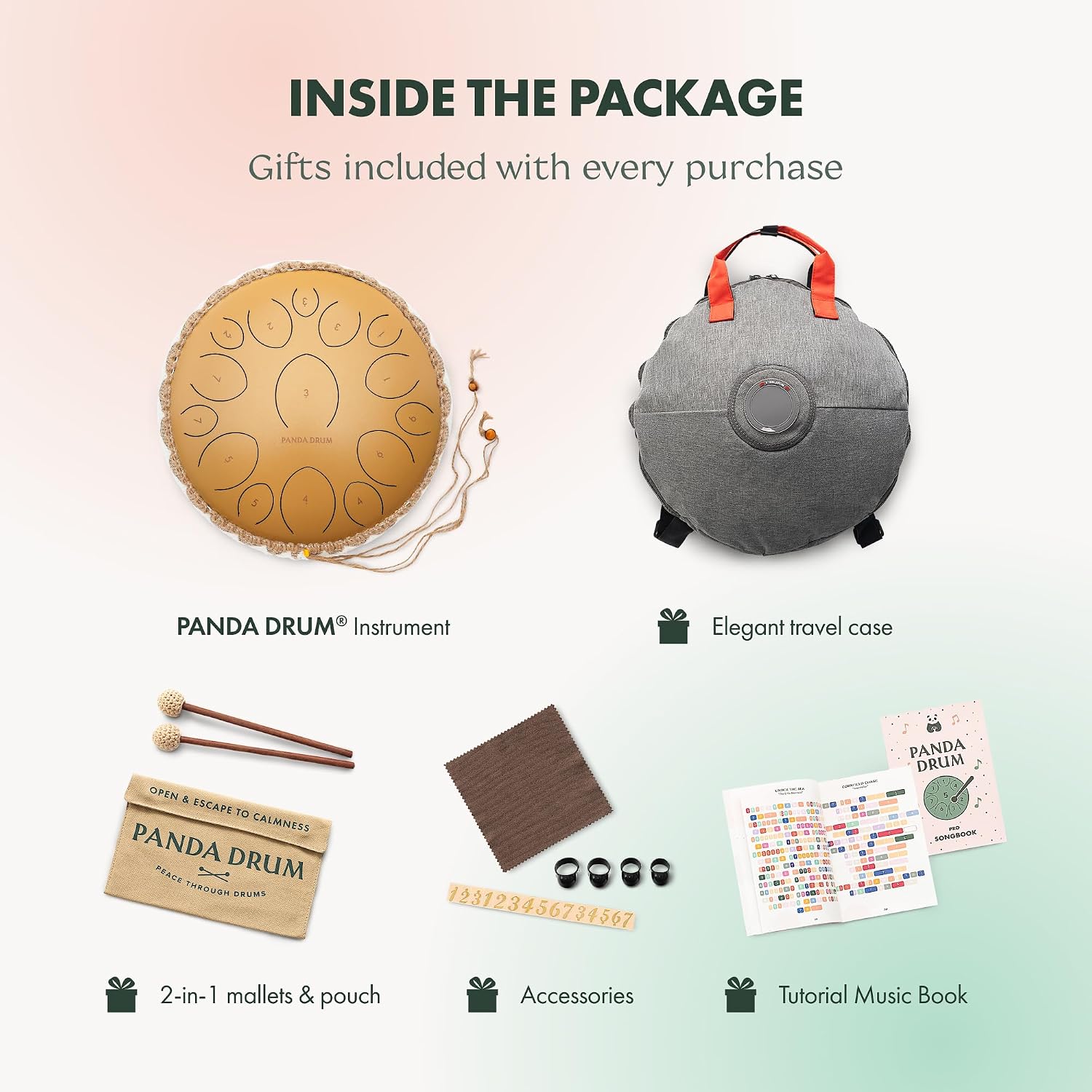 Panda Drum Pro (Sandstone) | Steel Tongue Handpan with Music Book, Mallets, Carrying Bag & Finger Picks | 15 inch, 432 Hz | Rain Drum for Inside, Outside | Calming Musical Instrument for Adults, Kids
