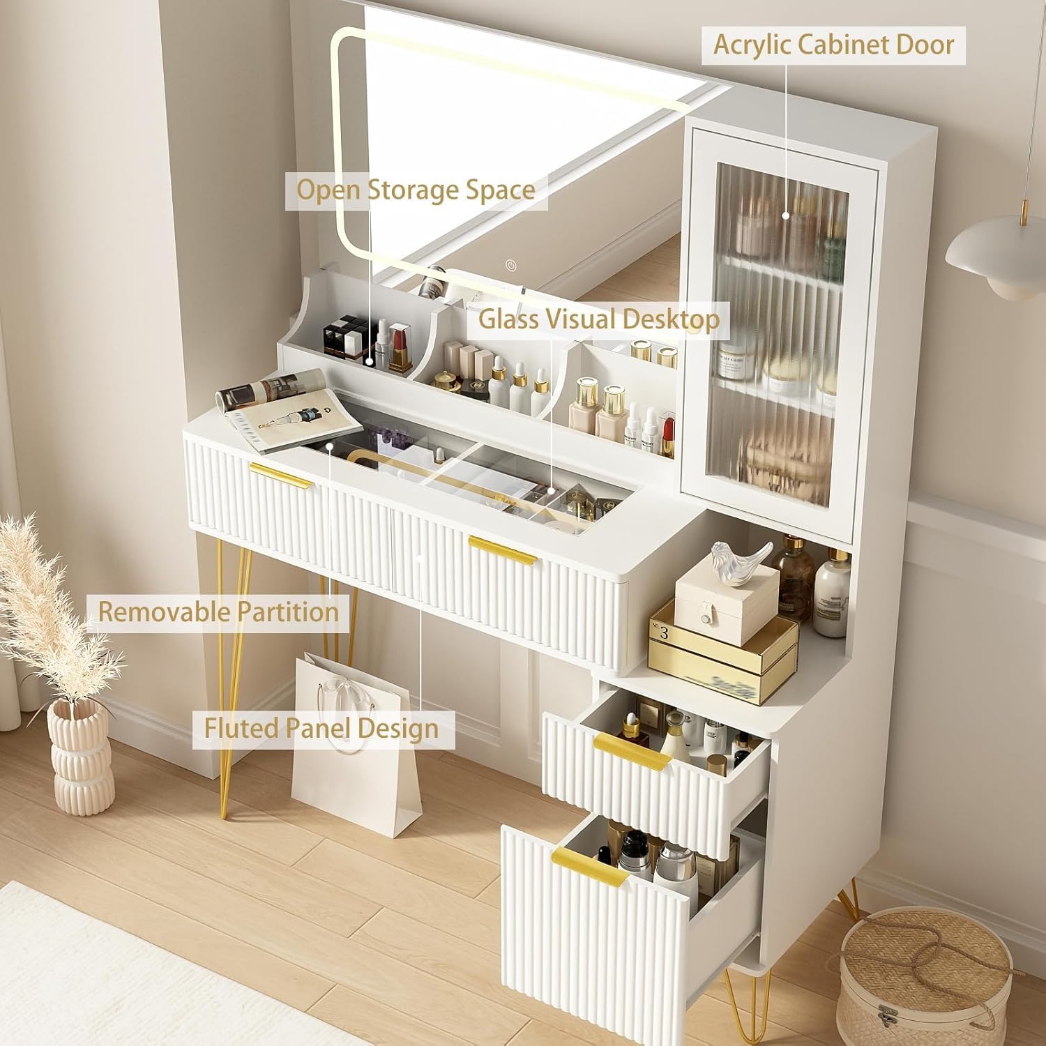 43' Vanity Desk with Mirror and Lights, Makeup Vanity Table with 4 Drawers, White Dressing Table for Bedroom, Fluted Makeup Desk with Modern Glass Top, 3 Lighting Modes Adjustable Brightness