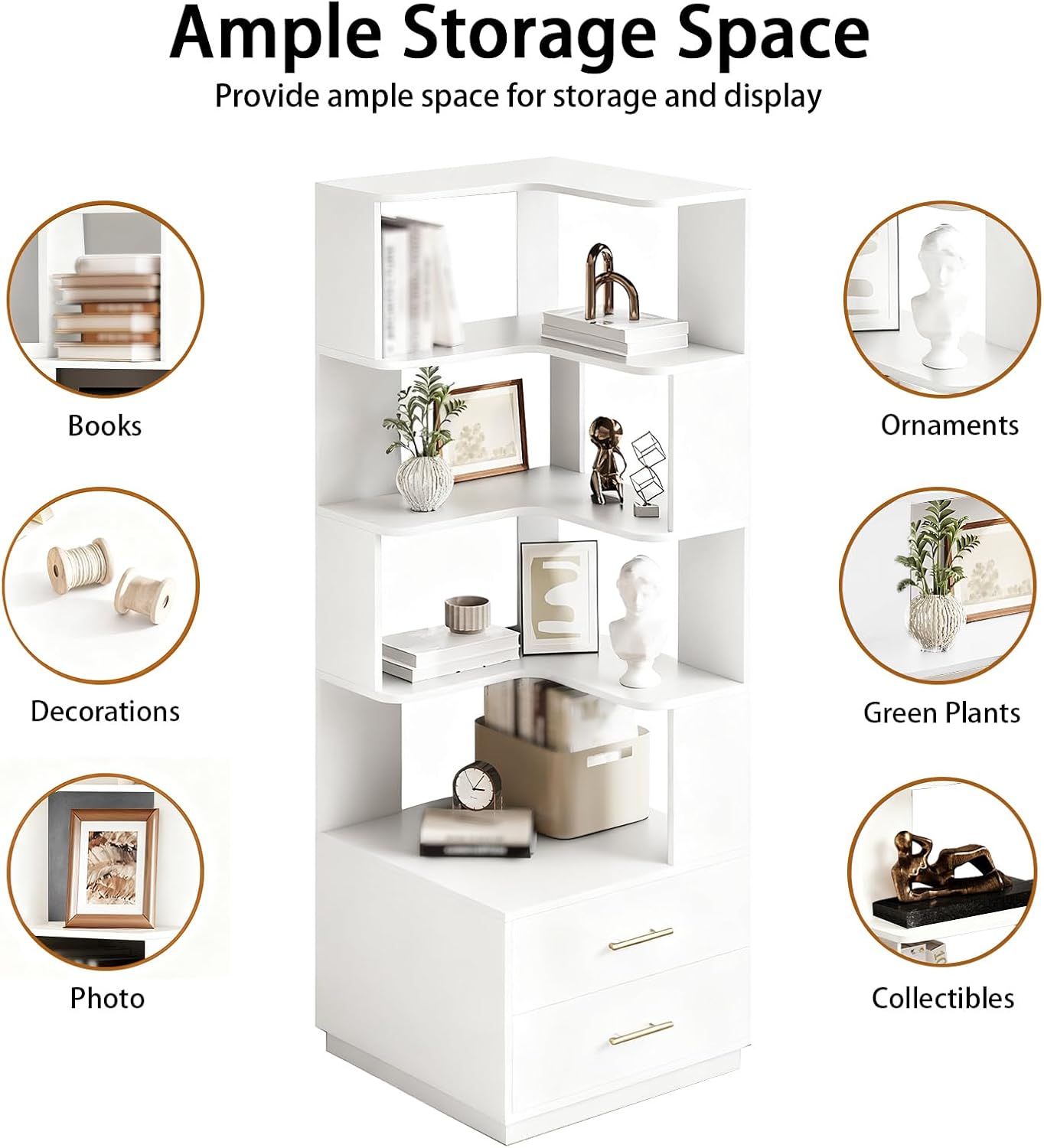 Corner Bookshelf with Drawers,66.9' L Shaped Tall Bookshelf and Bookcase,5 Tier Corner Bookcase with Storage Display Shelf Stand for Home Office, Study,Living Room, Bedroom (White-Corner Bookshelf)