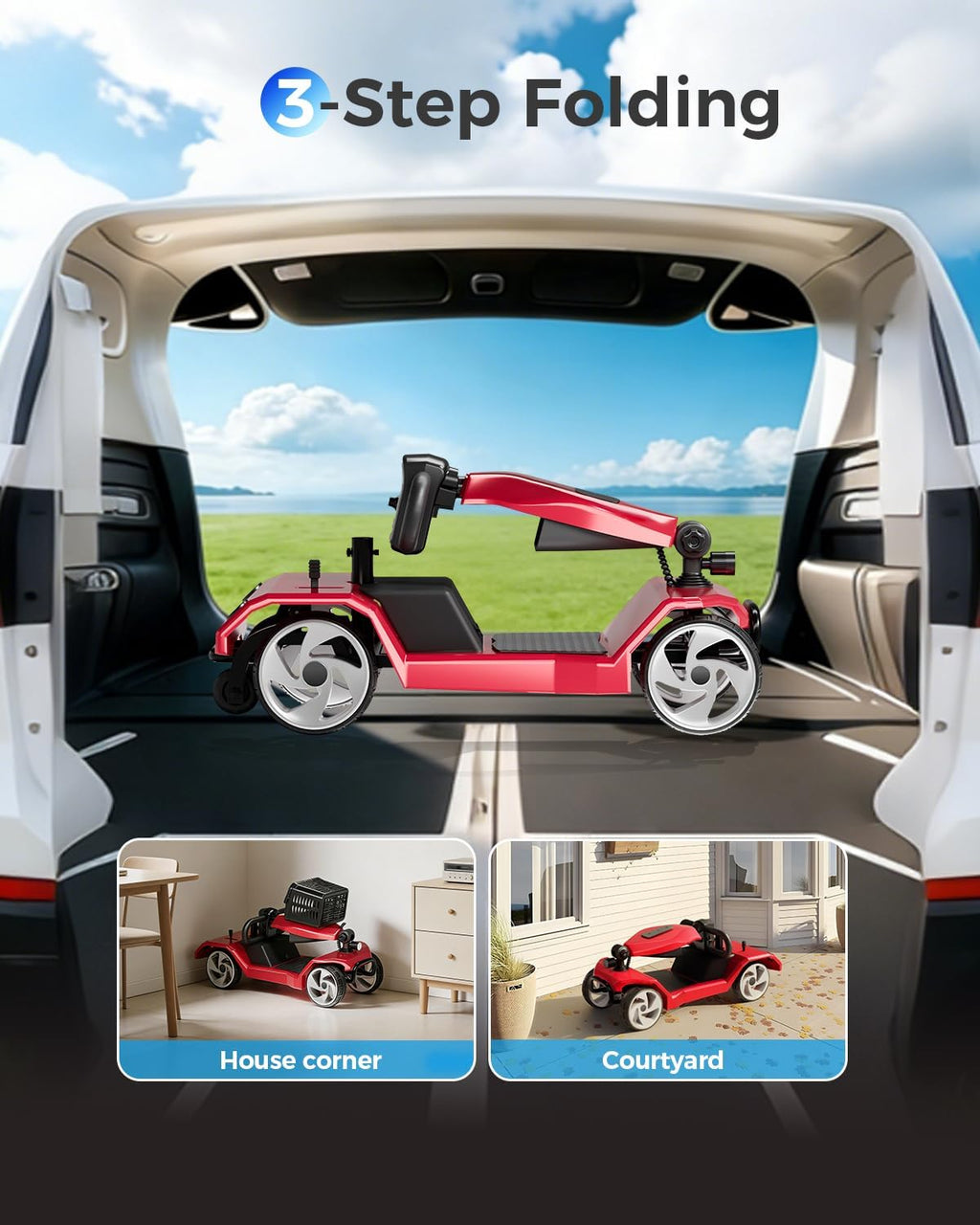 Foldable Mobility Scooters for Seniors, FSA&HSA Eligible, 330LBS Capacity 4 Wheel Lightweight Mobility Scooters for Adults, Powered Electric Mobility Scooters, Folding Travel Motorized Scooters-Red
