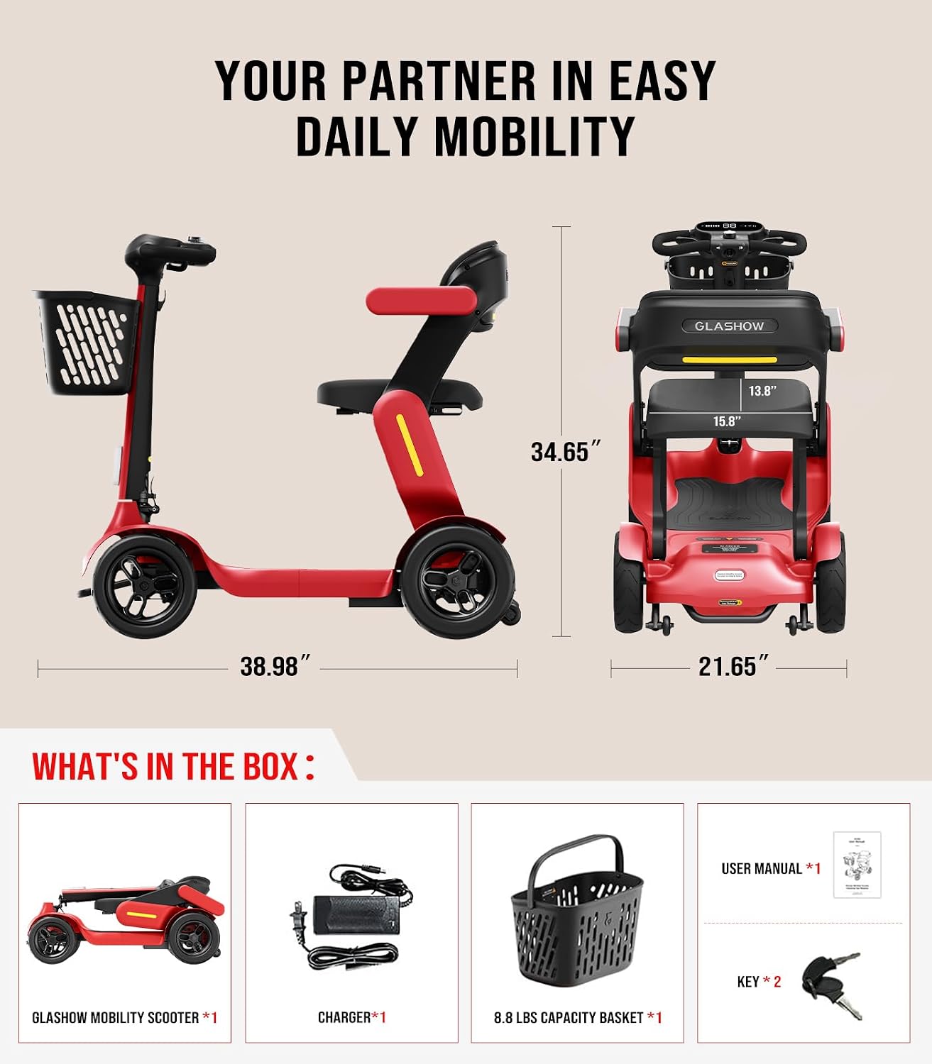 Glashow S3 Mobility Scooter for Seniors - 25 Miles on 1 Charge, 6 MPH Max, 265lbs Loading, Foldable Lightweight Mobility Scooters for Adults All Terrain Travel