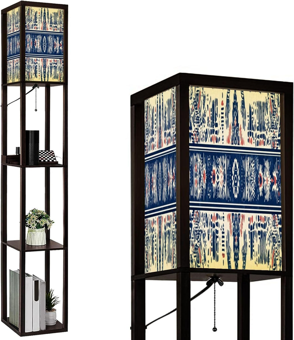 Floor Lamp with Shelves geometric folklore ornament Tribal ethnic texture Seamless striped Standing Tall Lamp USB Ports & Power Outlet Modern Corner Lamp Nightstand Light for Living Room Bedroom